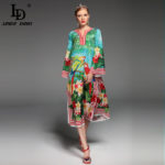 High Quality Summer Designer Runway Dress Women's Long Sleeve Split Parrot Floral Printed Casual Loose Mid-Calf Dress