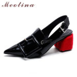 Meotina Brand Desiger Shoes Women Genuine Leather High Heels Spring Summer Pointed Toe Slingbacks Buckle Thick High Heels Black